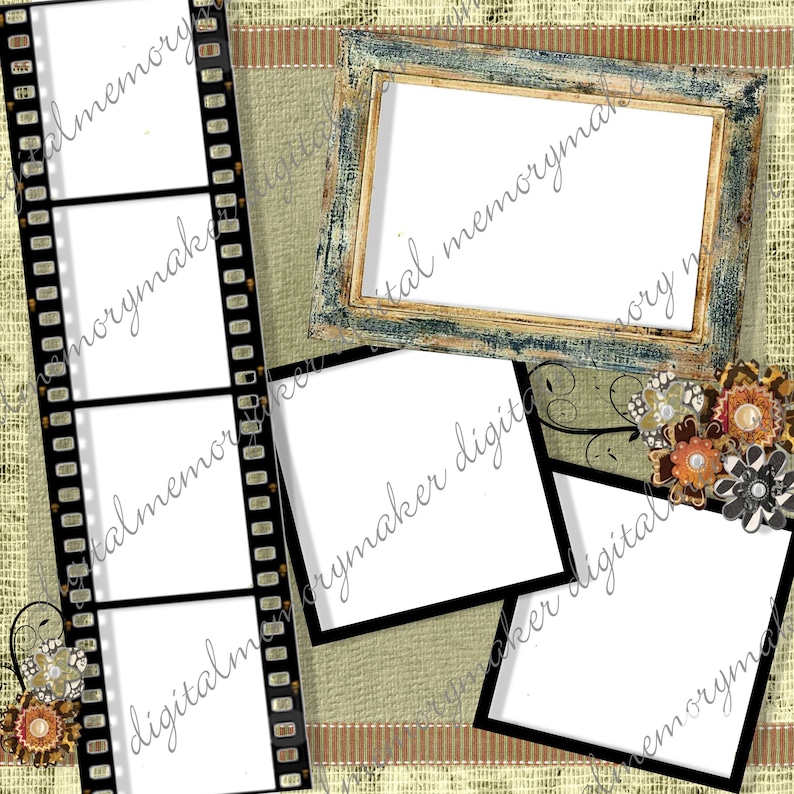 A vintage style digital scrapbook template in greens and brown.  The photo strip holds 4 photos.  Three other frames hold photos and journaling.