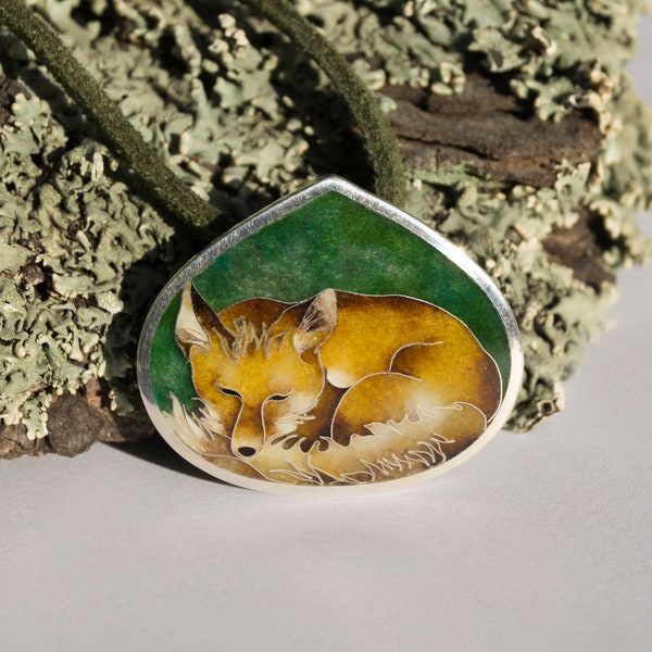 Cloisonné Enamel pendant, Fox Necklace, Vulpes vulpes, Animal necklace,