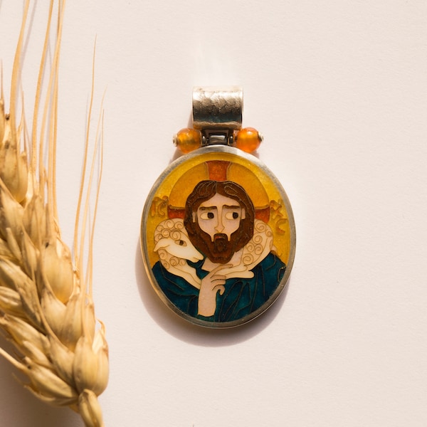 Jesus Christ, The Good Shepherd, pendant necklace, Cloisonne Enamel, gold 24K wire, Sterling silver, Carnelian beads