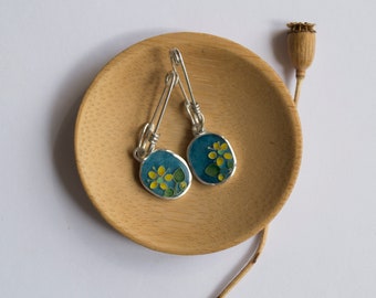 Safety pin earrings, saxifraga, cloisonné enamel, sterling silver, dangle earrings