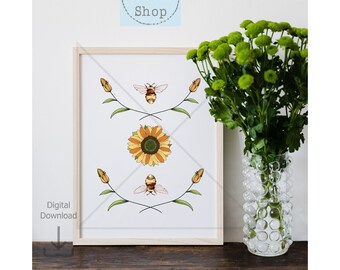 Bumble Bee Gift, Watercolor Print, Nature Wall Art, Bumble Bee Print, Nature Gift, Flower Print, Flower Gift