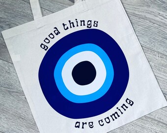 Evil Eye Cotton Canvas Tote Bag | Good Things Are Coming