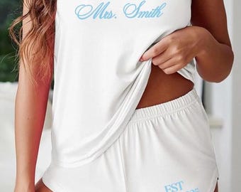 Personalized Mrs. Pajama Set: Bridal Tank & Joggers, Engagement Gift