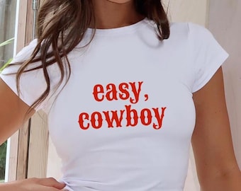 Easy, Cowboy Crop Top - Western Baby Tee, Y2K Cowgirl Style
