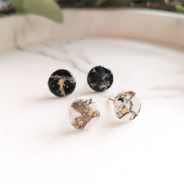 Black marble stud earrings with gold, gold marble polymer studs, marble stud earrings, black and white marble earrings, Christmas gift