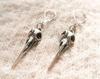 Silver Hummingbird Skull Earrings, Goth Horror Jewelry