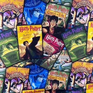 May include: A collage of colorful book covers from the Harry Potter series. The covers feature illustrations of characters and scenes from the books, with titles like "Harry Potter and the Sorcerer's Stone" and "Harry Potter and the Goblet of Fire".