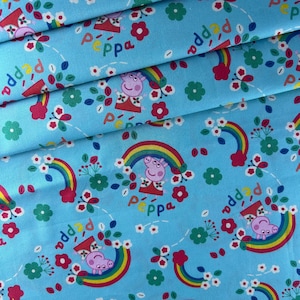 Peppa Pig 100% cotton. Also sold by the half yard or full yards.