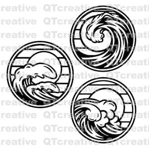 Puede incluir: Tres ilustraciones en blanco y negro de olas del océano rompiendo. Cada ola está representada en un círculo con un fondo a rayas.