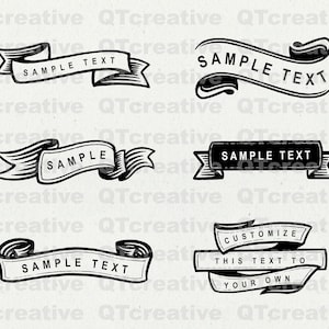 May include: Six black and white vintage style ribbon banners with the text "SAMPLE TEXT" on them. The banners are on a white background.