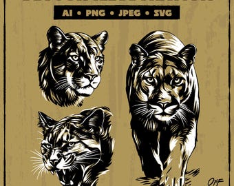 Instant Download Cougar Vector Bundle | Ai PNG JPEG SVG | Transparent Illustrations