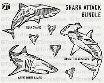 SHARK ATTACK BUNDLE- eps, svg, jpeg, png, . Instant Download! 3 sharks, plus teeth- 4 files total.