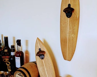 Surfboard bottle opener -magnetic, cap catching Longboard & Shortboard Oak bottle openers