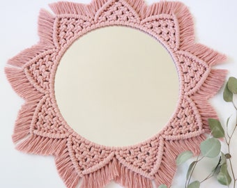 Boho Blush Pink Macrame Mirror | Flower Design Macrame Mirror | Girls Room Pink Wall Art Trendy Boho Nursery Decor | Baby Shower Gift