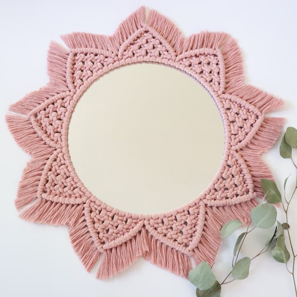 Boho Blush Pink Macrame Mirror | Flower Design Macrame Mirror | Girls Room Pink Wall Art Trendy Boho Nursery Decor | Baby Shower Gift