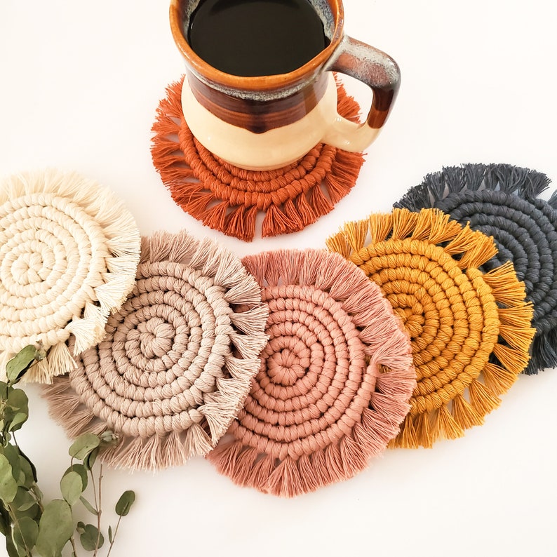 Boho Round Macrame Coasters, Fringe Circle Coasters, Absorbent Cotton, Boho Table Decor, Coffee Tea Lover, Housewarming, Gift For Her
