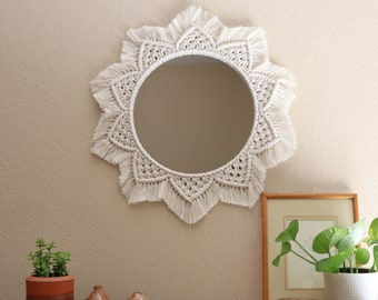 Boho Nursery Macrame Mirror | Off White Macrame Fringe Mirror | Small Medium Large Size | Boho Nursery Flower Wall Decor | Housewarming