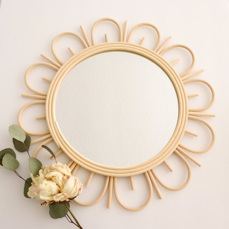 Rattan Daisy Flower Handmade Round Mirror Modern Boho Wicker Etsy