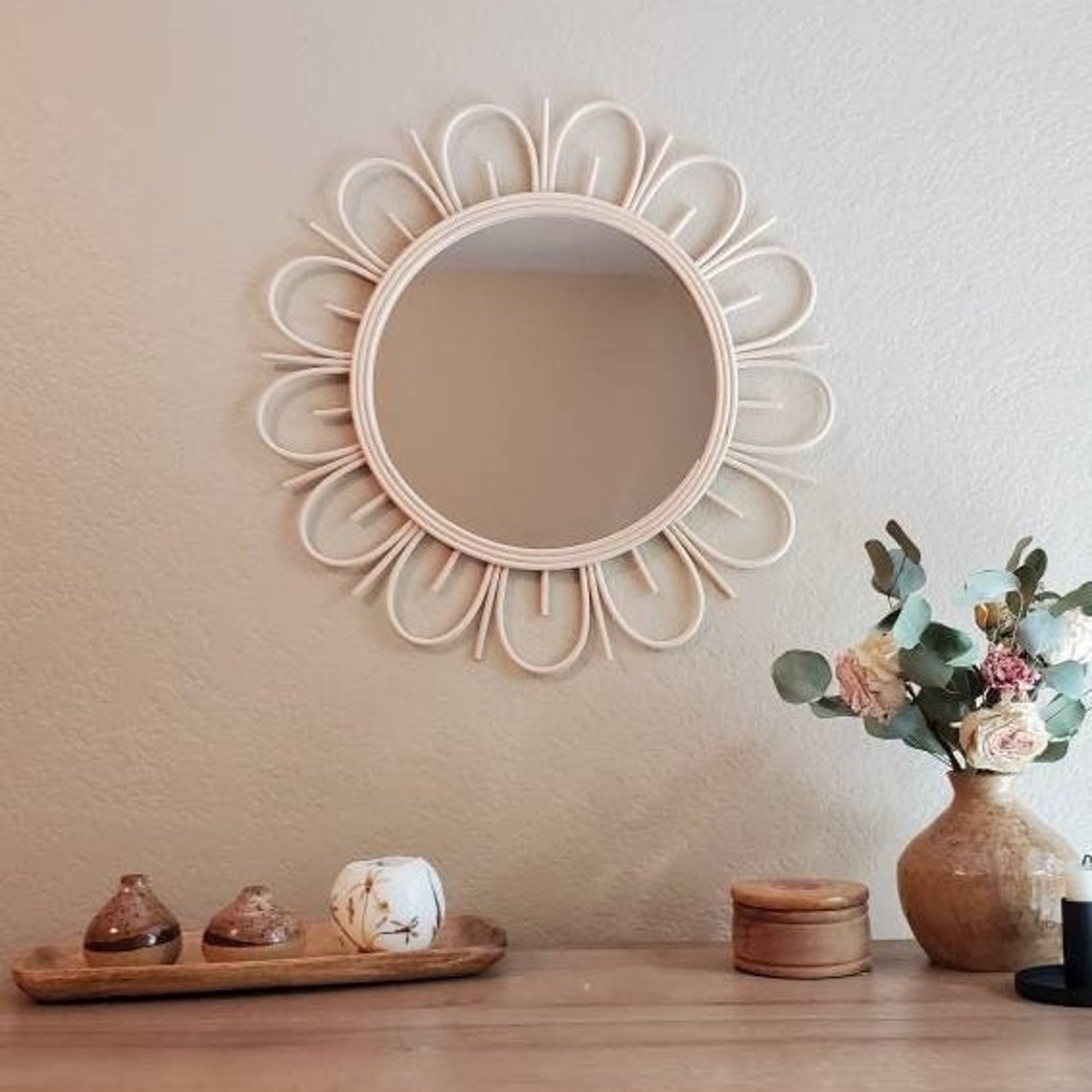 Rattan Daisy Flower Handmade Round Mirror Modern Boho Wicker Etsy