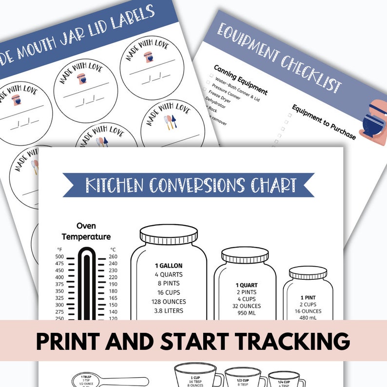 Puede incluir: Tabla de conversi&oacute;n de cocina imprimible con un esquema de color azul y blanco. La tabla incluye medidas para galones, cuartos, pintas, tazas, onzas y litros. Tambi&eacute;n incluye un term&oacute;metro para las temperaturas del horno en Fahrenheit y Celsius. El texto "Imprime y comienza a hacer un seguimiento" est&aacute; en la parte inferior de la tabla.