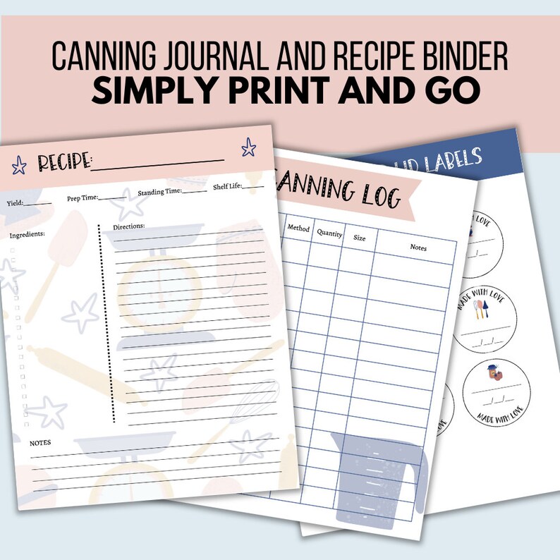 Puede incluir: Cuaderno de recetas y enlatado imprimible con un esquema de color rosa y azul. El cuaderno incluye una p&aacute;gina de recetas con secciones para rendimiento, tiempo de preparaci&oacute;n, tiempo de reposo, vida &uacute;til, ingredientes e instrucciones. El cuaderno tambi&eacute;n incluye una p&aacute;gina de registro de enlatado con secciones para m&eacute;todo, cantidad, tama&ntilde;o y notas. El cuaderno est&aacute; dise&ntilde;ado para ayudar a los enlatadores caseros a llevar un registro de sus recetas y el progreso del enlatado.