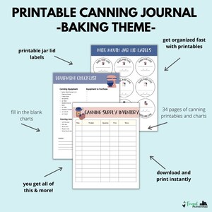 Puede incluir: Diario de envasado imprimible con un tema de reposter&iacute;a. El diario incluye una lista de verificaci&oacute;n, una hoja de inventario y etiquetas para las tapas de los frascos. El diario est&aacute; dise&ntilde;ado con un esquema de color azul claro y rosa y presenta una ilustraci&oacute;n de una batidora. El texto "Make With Love" se repite en las etiquetas de las tapas de los frascos.