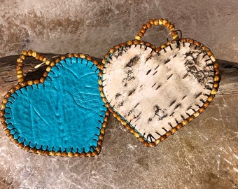 Reversible turquoise leather & birch bark heart earrings