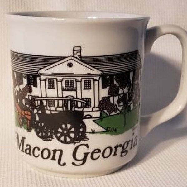 Vintage Travel Souvenir Macon Georgia Coffee Cup Coffee Mug Horse Carriage Antebellum Mansion Mid-Century Retro