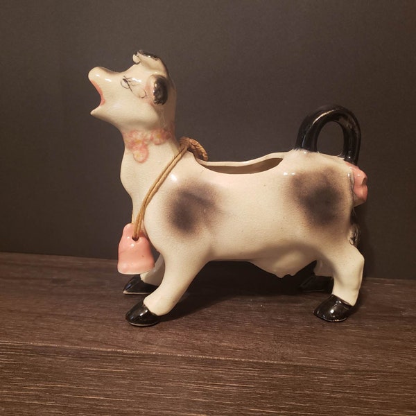 Vintage Porcelain Bisque Cow Creamer Pitcher Novelty Gravy Boat Cowbell Pink Farmhouse Country Decor Rusti Cabin Shabby Chic Cottage Chic