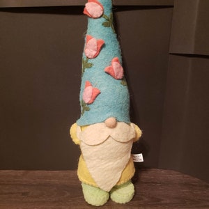 Vintage Stuffed Plush Felt Garden Gnome Pink Tulips Green Yellow Troll Home Decor Collectible Cottage
