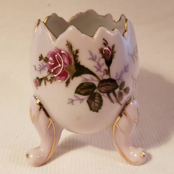 Vintage Napco Ceramic Pink Footed Egg Vase With Pink Roses 5" Tall  BH3199/S 3 Footed Gold Accents Trim Cottage Shabby Chic Collectible