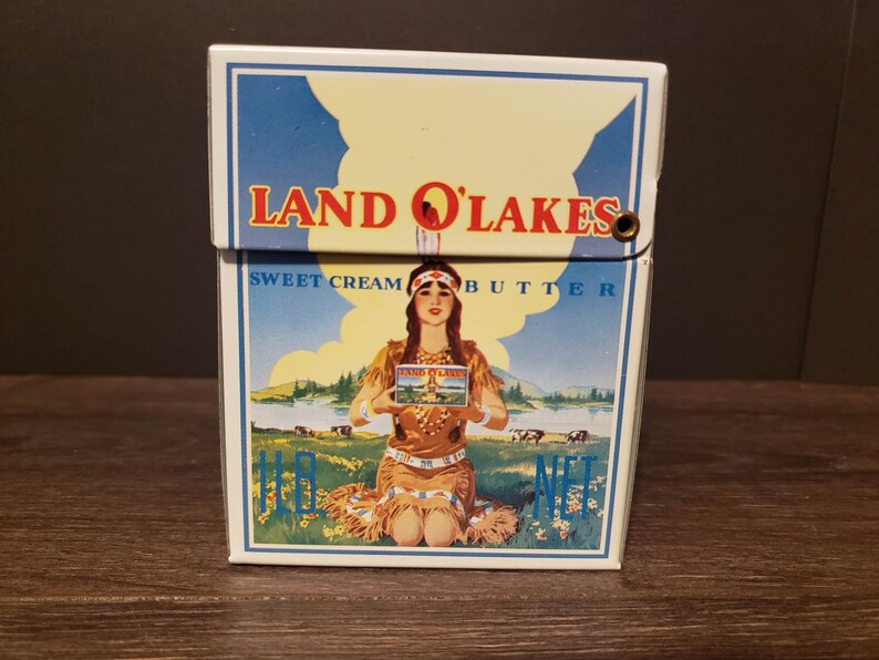 RARE Vintage Land O' Lakes Recipe Card Box With Indian Logo and Cards Included Collectible