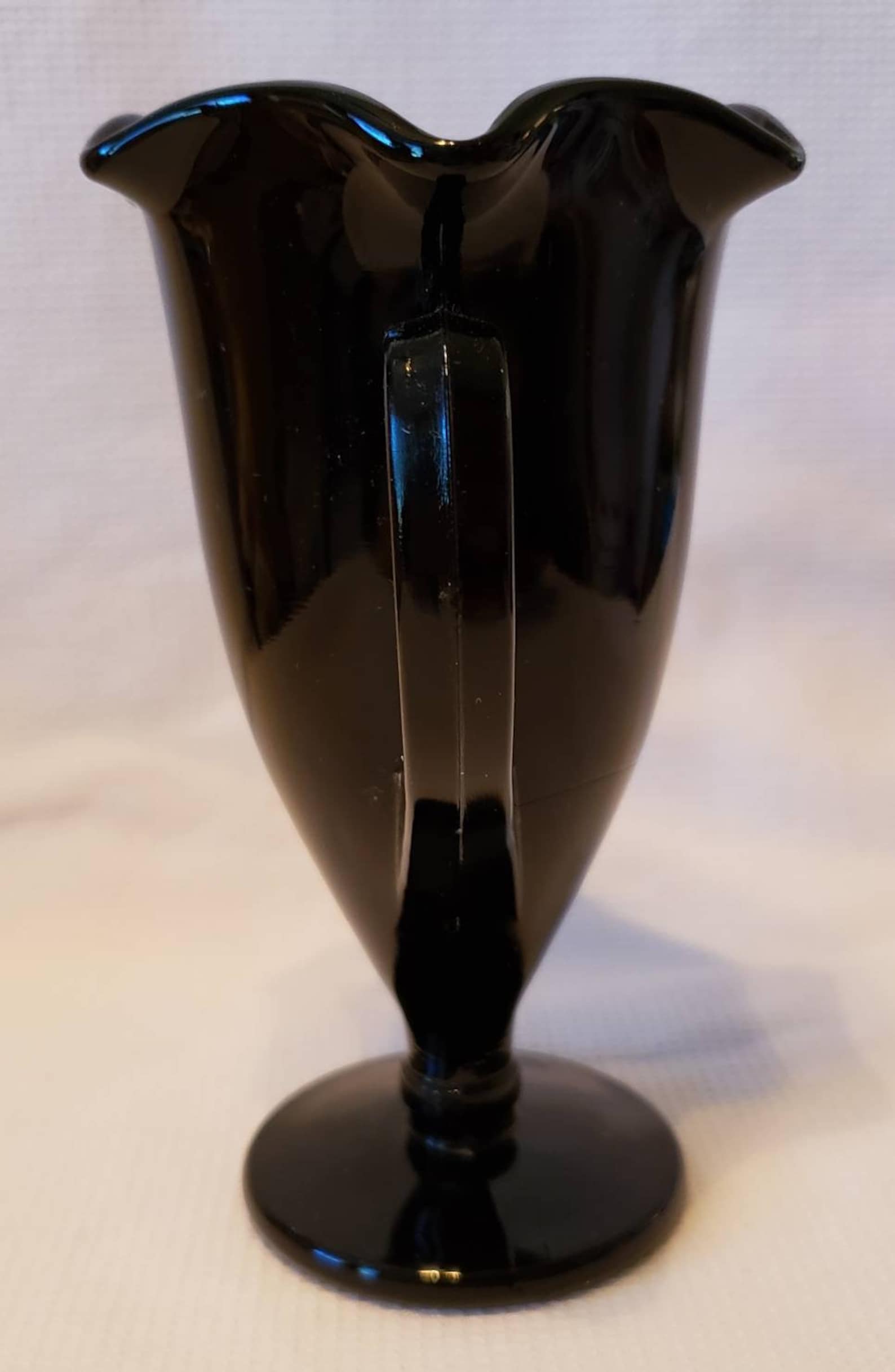 Vintage Black Amethyst Glass Trophy Vase Ruffled Top Edge Double Ear