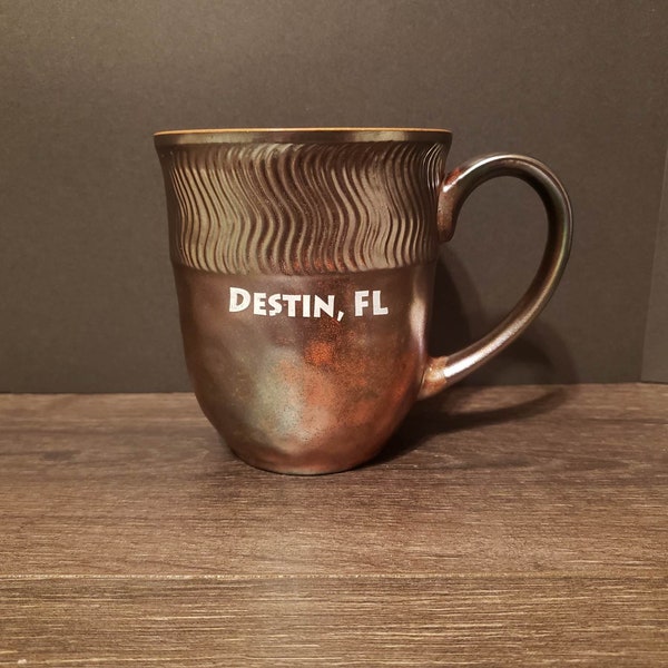 Vintage Destin Florida Souvenir Mug Bronze Faux Hammered Metal Brown Coffee Cup Beach Collectible Destination Keepsake