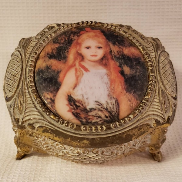 Vintage Gold Metal Whitewashed Ornate Casket Jewelry Trinket Box Little Girl Cameo Lid Made in Japan Red Lining Collectible Mid-Century