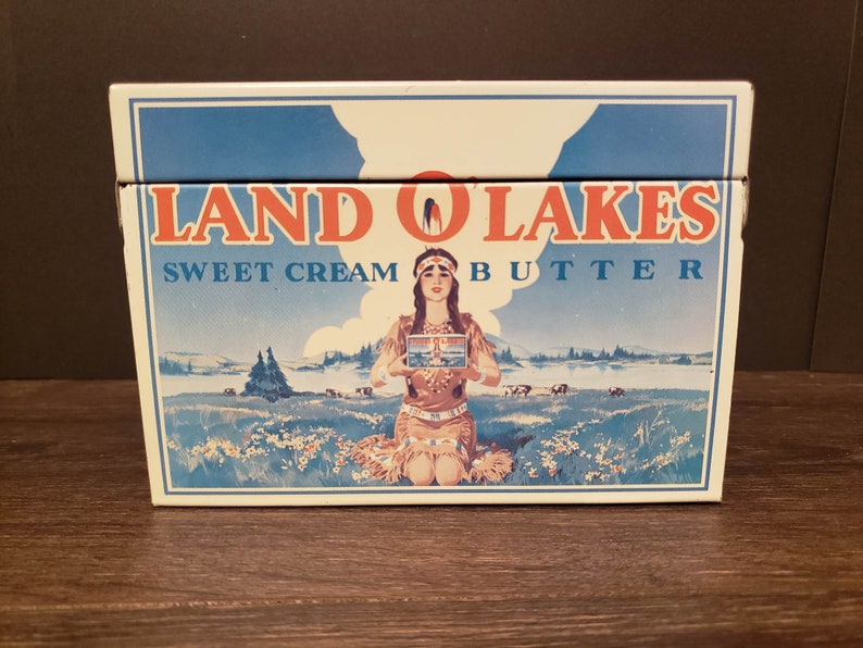 RARE Vintage Land O' Lakes Recipe Card Box With Indian Logo and Cards Included Collectible