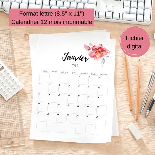 Calendrier 2021 imprimable - Calendrier 12 mois - Téléchargement instentané