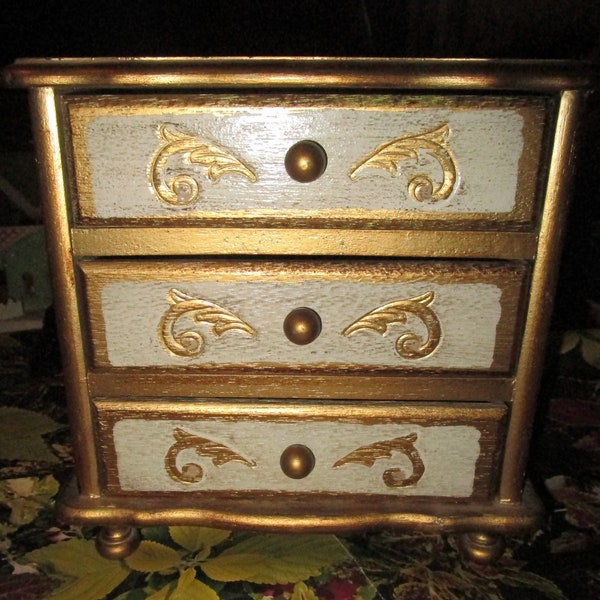 Gold Florentine Wood Mini BUREAU Dresser Style VINTAGE Jewelry Box w/ Drawers Storage for Keys, Trinkets, etc. Mid Century Made in Italy