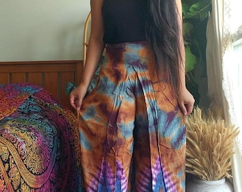 Tie-Dye Rayon Slit Palazzo Pants: Boho Wide Leg Flowy Trousers,  One Size fits S-L