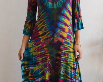 Handmade Tie-Dye Maxi Dress – Ruffle Sleeve Boho Dress