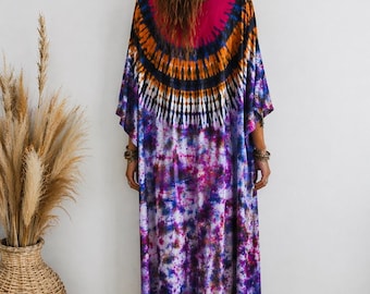 Handmade Tie-Dye Rayon Kaftan Dress: Boho Oversized Tunic