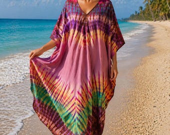 Handmade Tie-Dye Rayon Kaftan Dress: Bohemian Beach Cover-Up