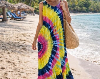 Tie Dye Maxi Dress, Sleeveless Rayon Boho Beach, Adjustable Waist Flowy Summer