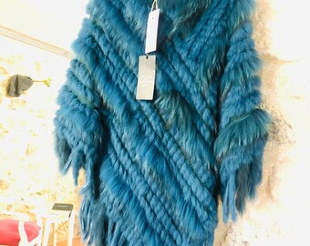 Fur poncho with fringes/ real fur/ withe fur/ blue/ grey/ poncho/ winter poncho