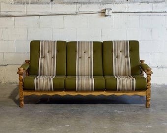 Vintage Danish Henning Kjærnulf Oak Sofa Green Striped Upholstery Mid Century