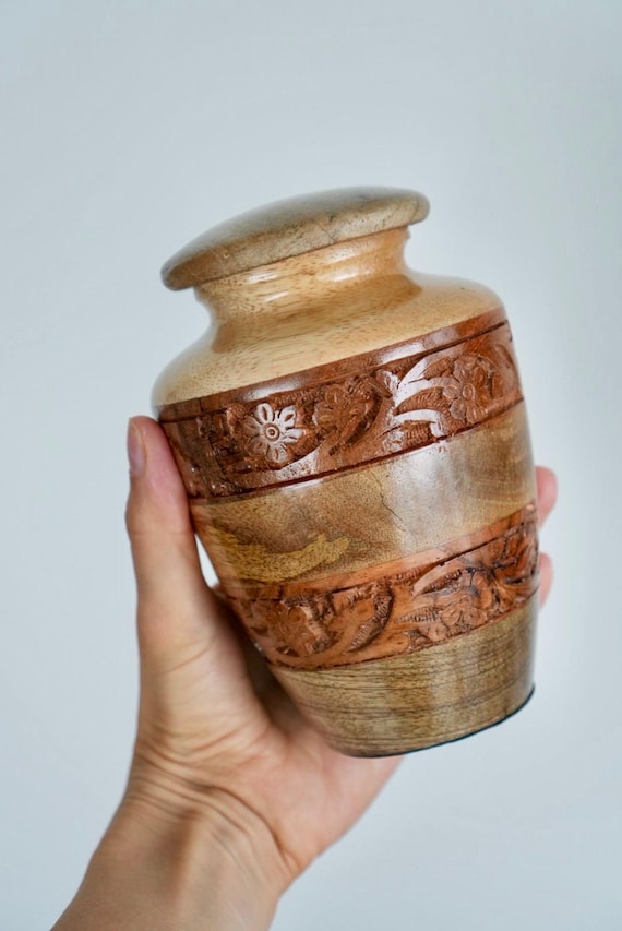Handmade Wooden Cremation Urn – Floral Carving, Mango Wood, 6''
