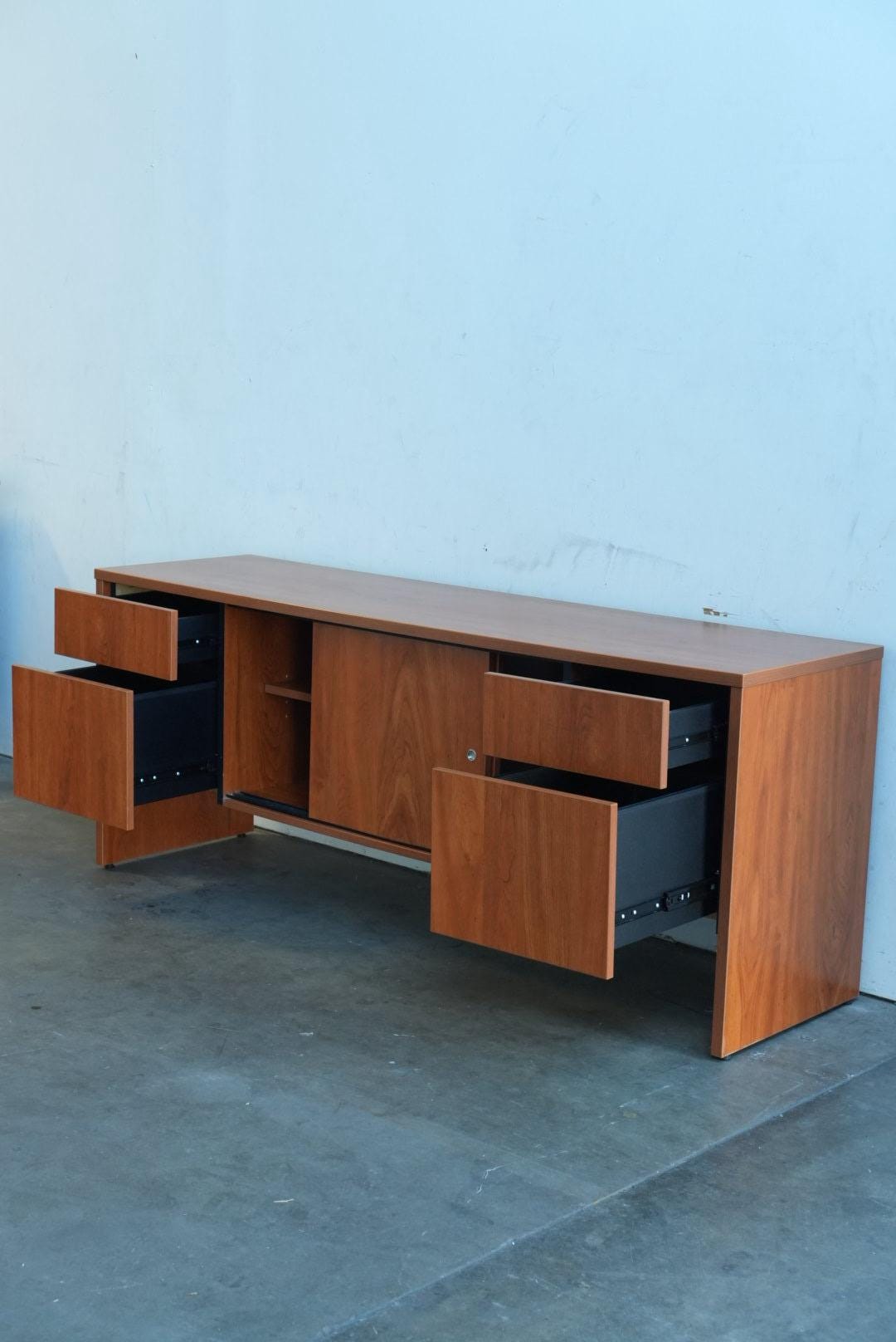 Mid Century Modern Teak Wood Credenza with Drawers and Shelves 1960s - Wooden Retro Cabinet Sideboard