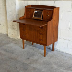 Teak Brown Vanity Desk Secretary Bureau Combo Storage Cabinet Denmark  1960s