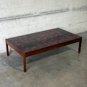 Rectangular Black and Red Ceramic Tile Top Coffee Table Rosewood Mid-Century Modern 1970s