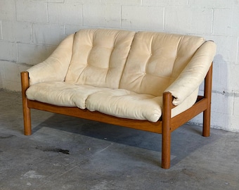 Teak Beige Loveseat Settee Sofa Lounge Upholstered Furniture Domino Mobler Denmark 1960s